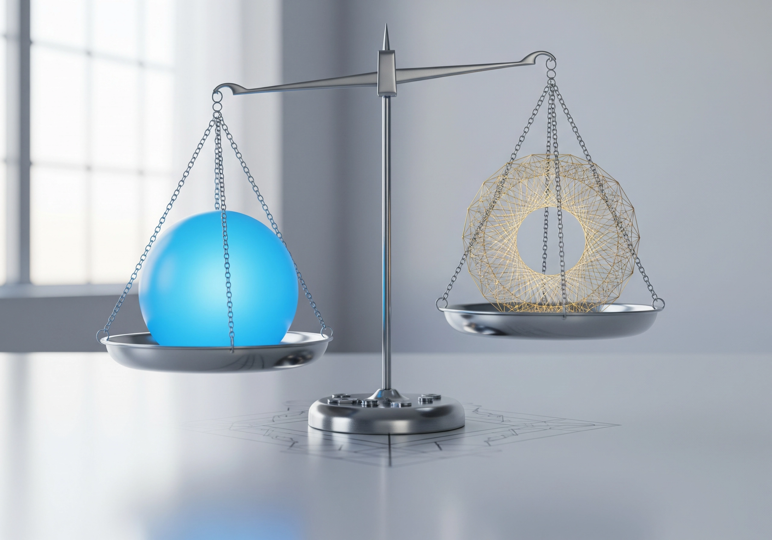 Balance scale with a blue sphere versus a geometric wireframe shape. Optimizing website performance with LLM.