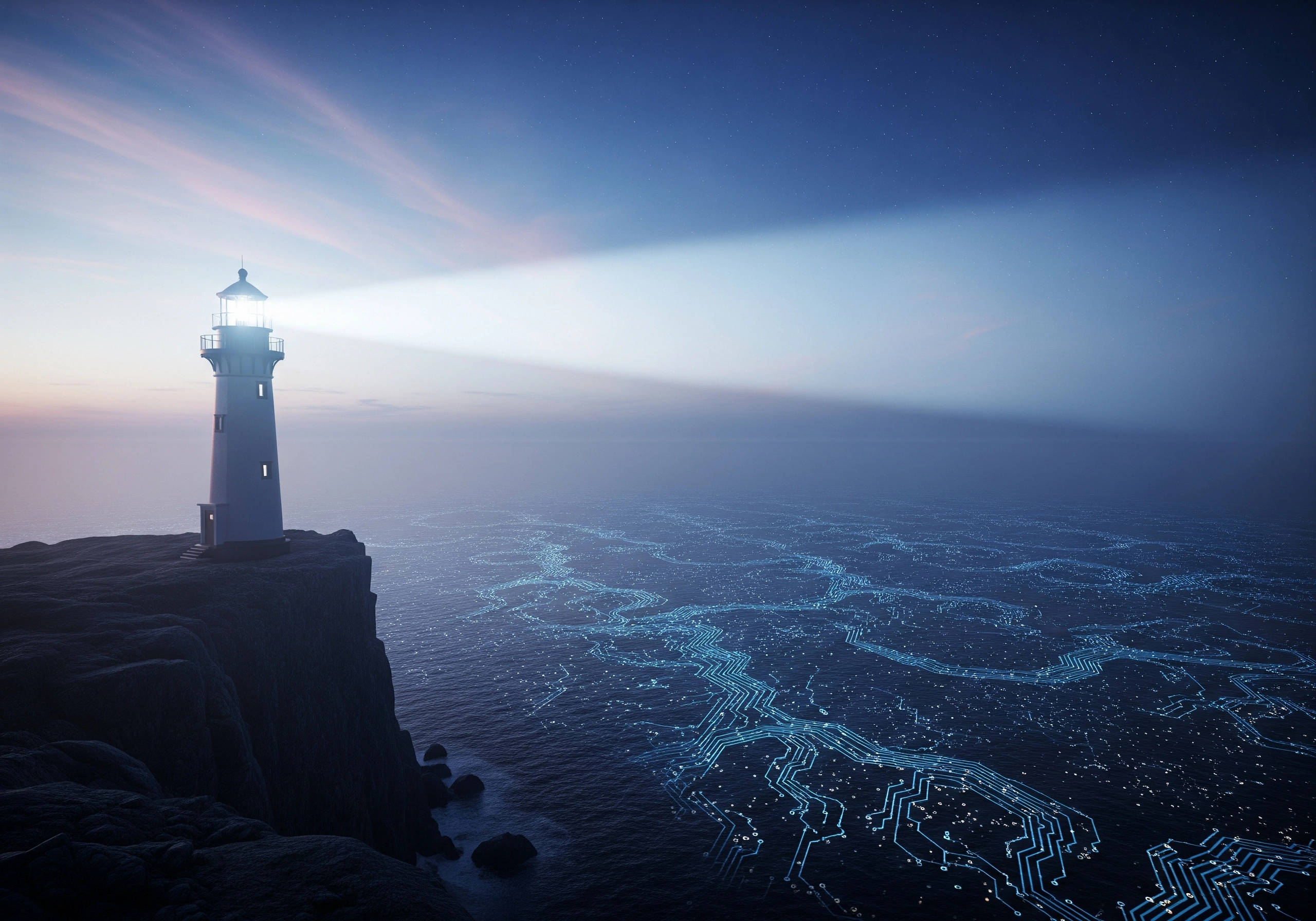 Lighthouse shining beam over ocean circuit board pattern, guiding AI-driven search ranking.