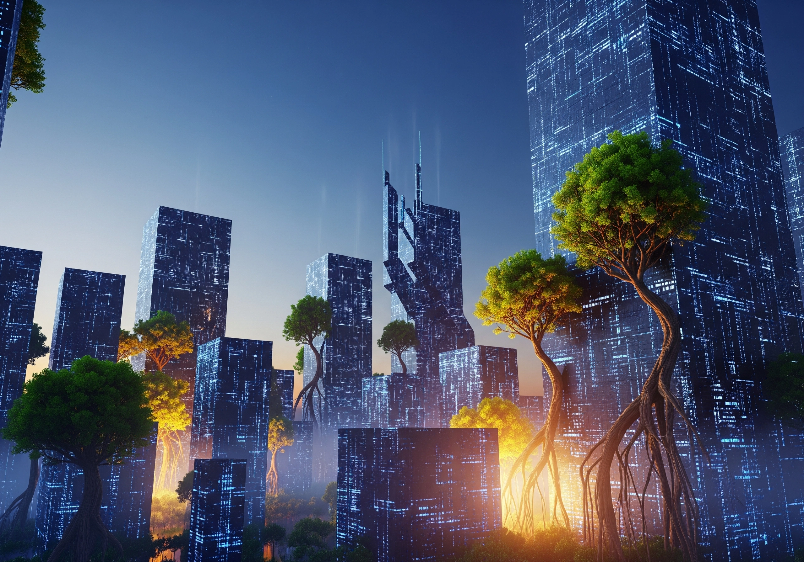 Futuristic city with glowing circuit-like buildings and trees, evoking AI's potential landscape.