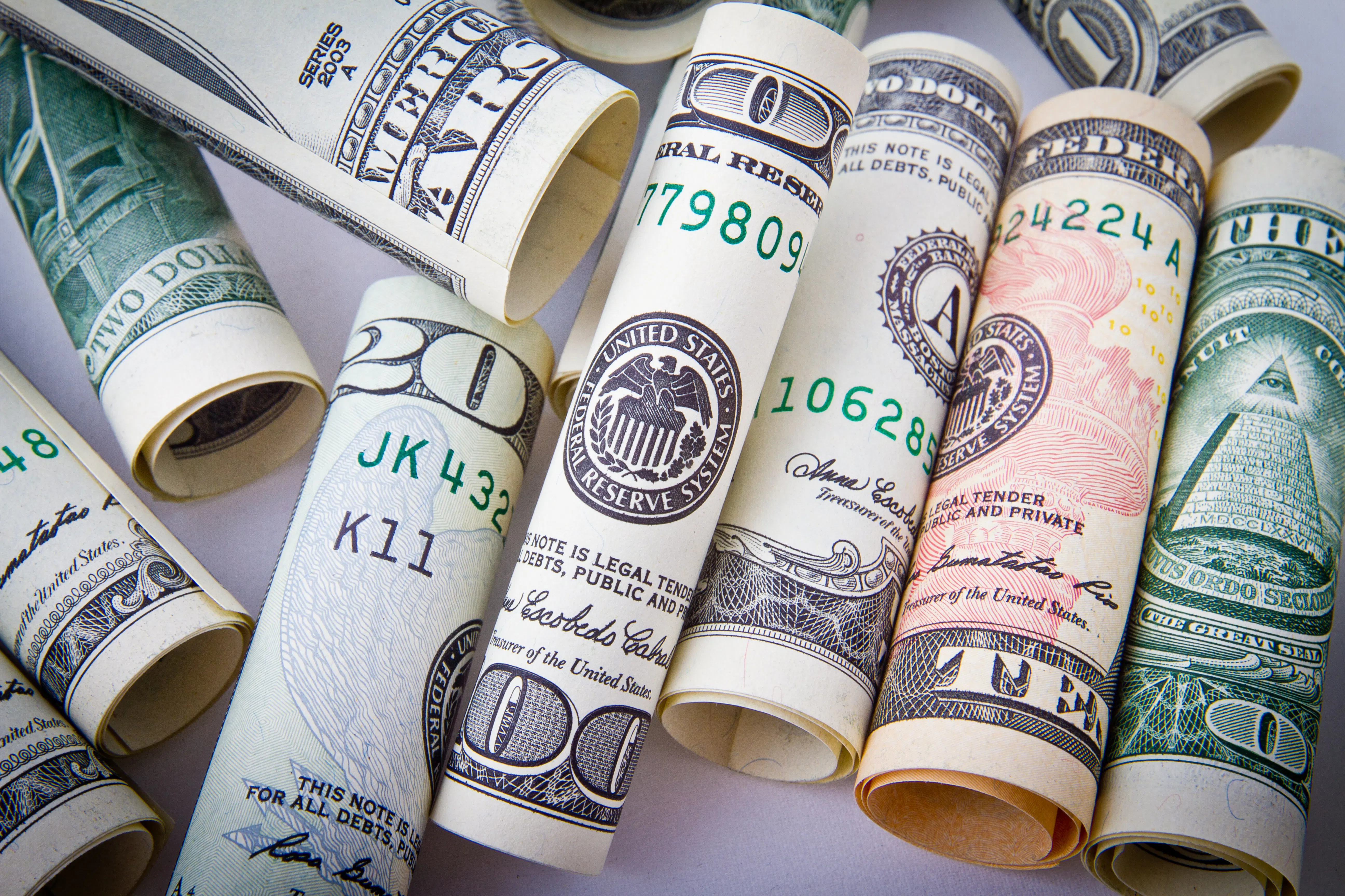 Close-up of rolled US dollar bills of various denominations.