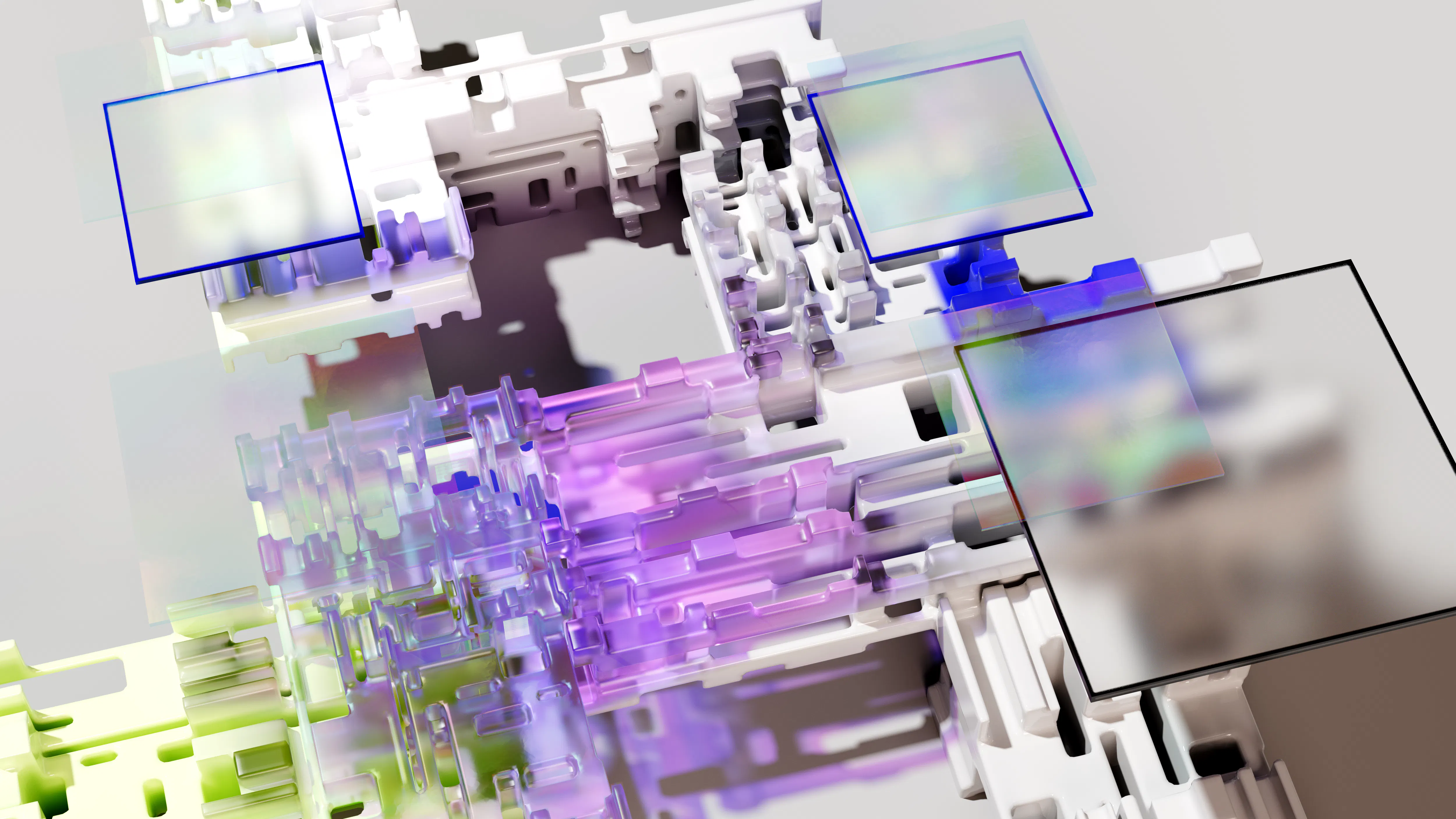 Abstract geometric structure with translucent colored squares and blocks.