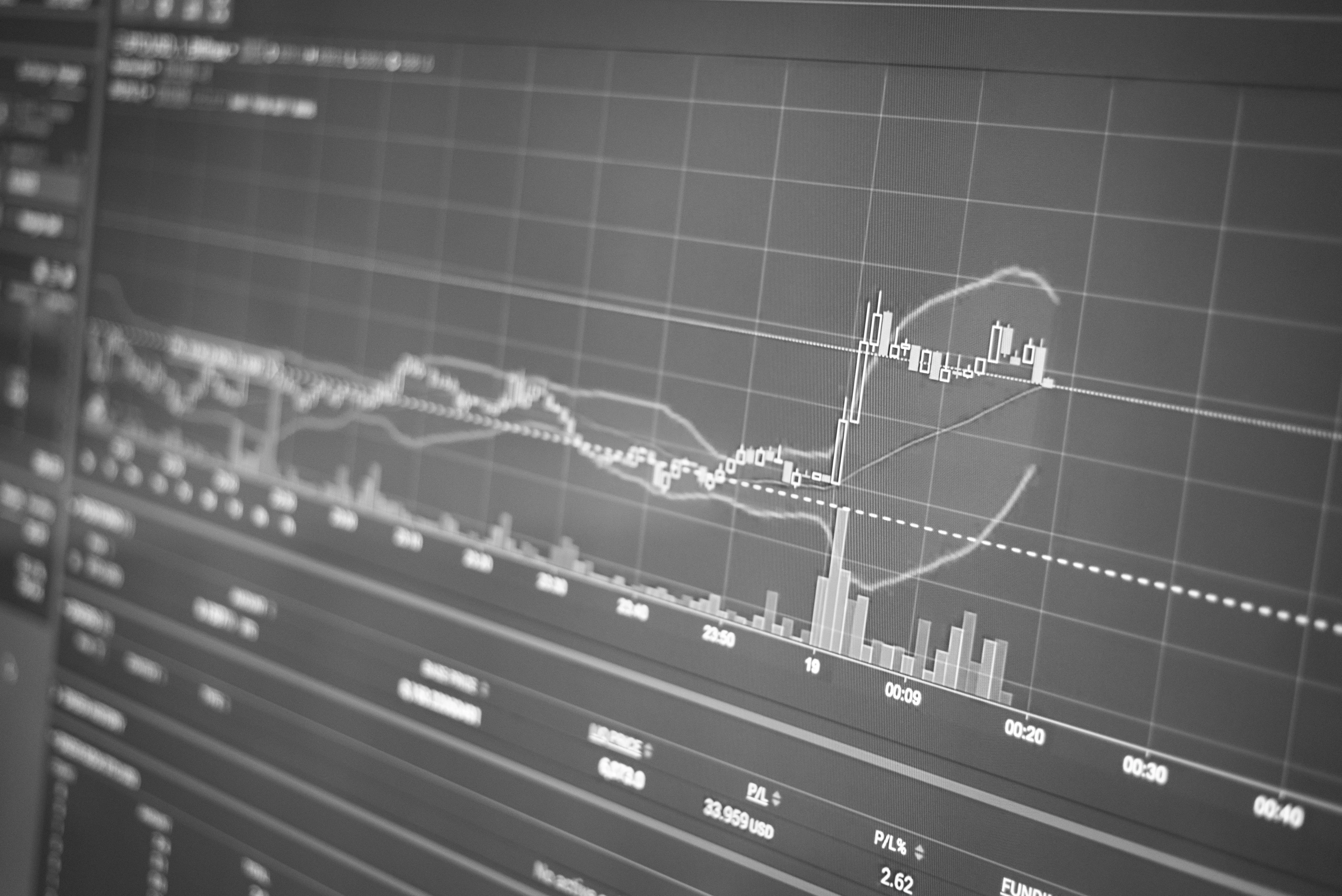 Monochrome stock market chart displaying uptrend on a computer screen.