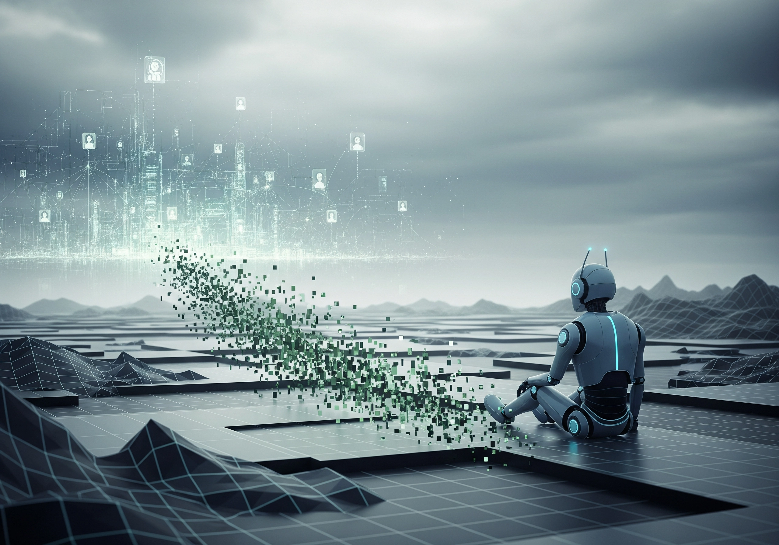 Robot sitting on a grid, surrounded by data stream, representing AI SEO automation.