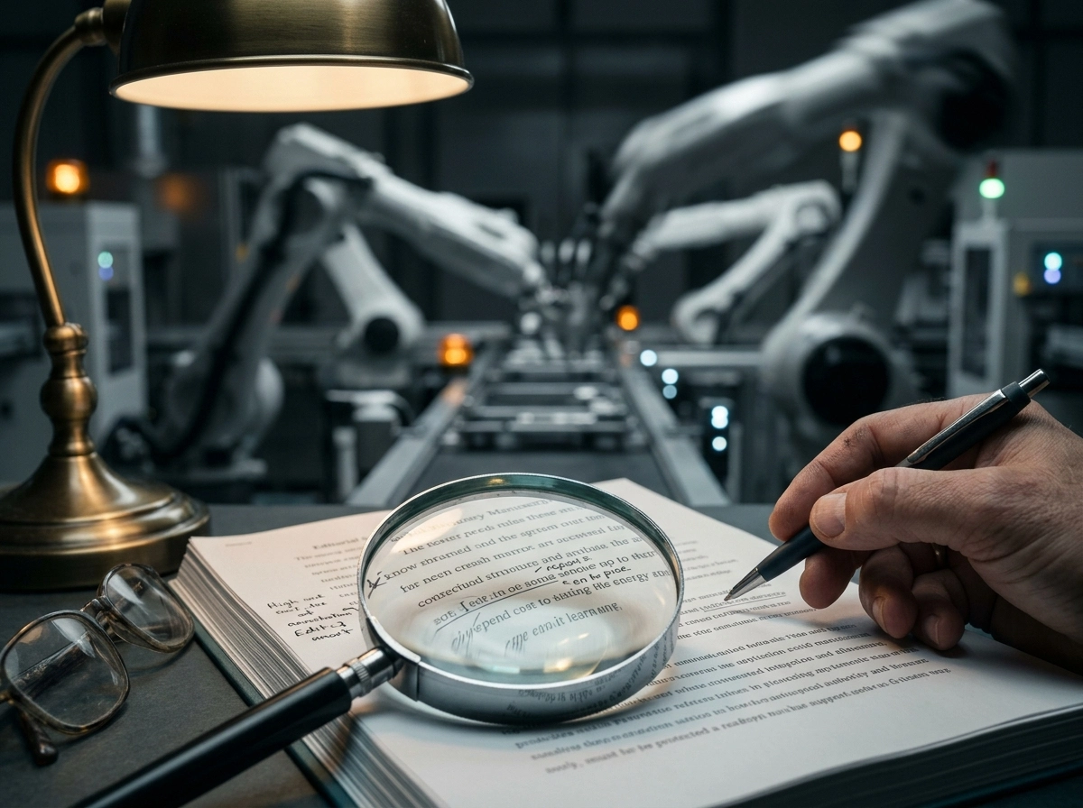 Human editing documents with a magnifying glass while automated SEO tools work in the background.
