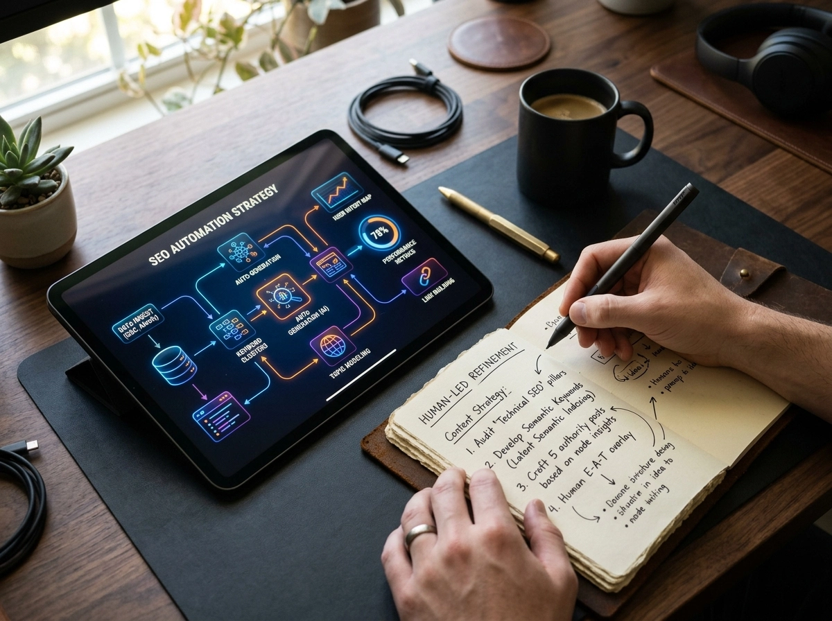 A tablet showing an SEO automation platform strategy alongside a human-led refinement notebook.