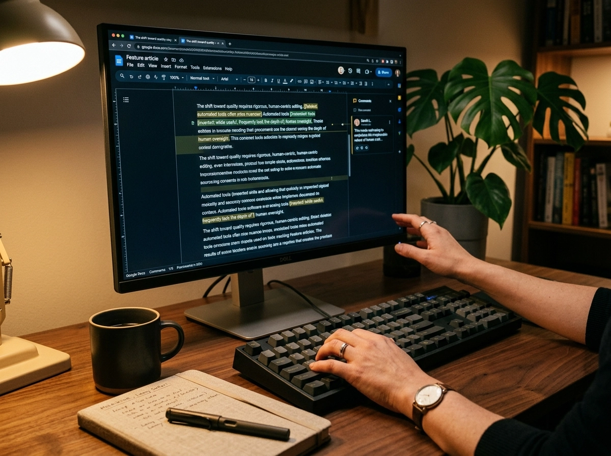 Person editing content on a computer, highlighting the need for human oversight in auto SEO tools.