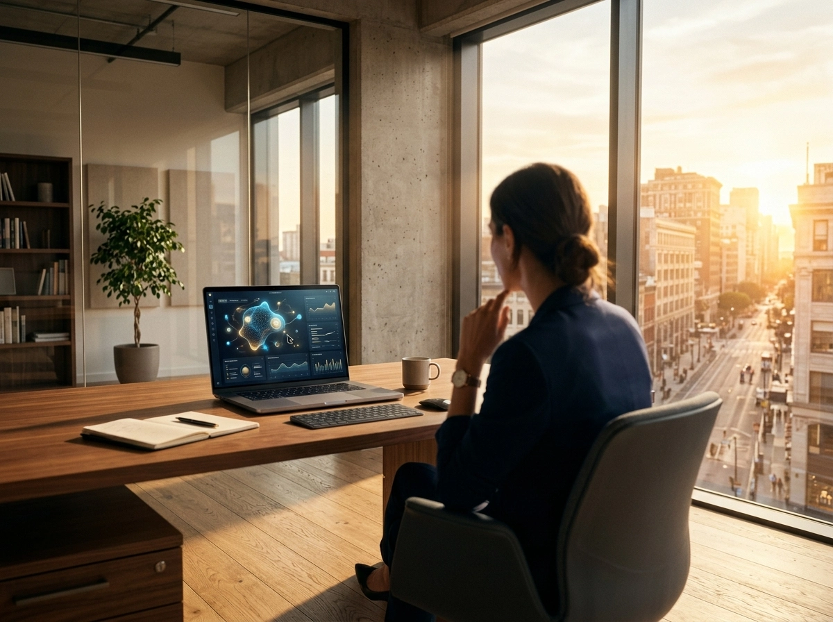 Professional using an SEO automation platform on a laptop in a modern office.