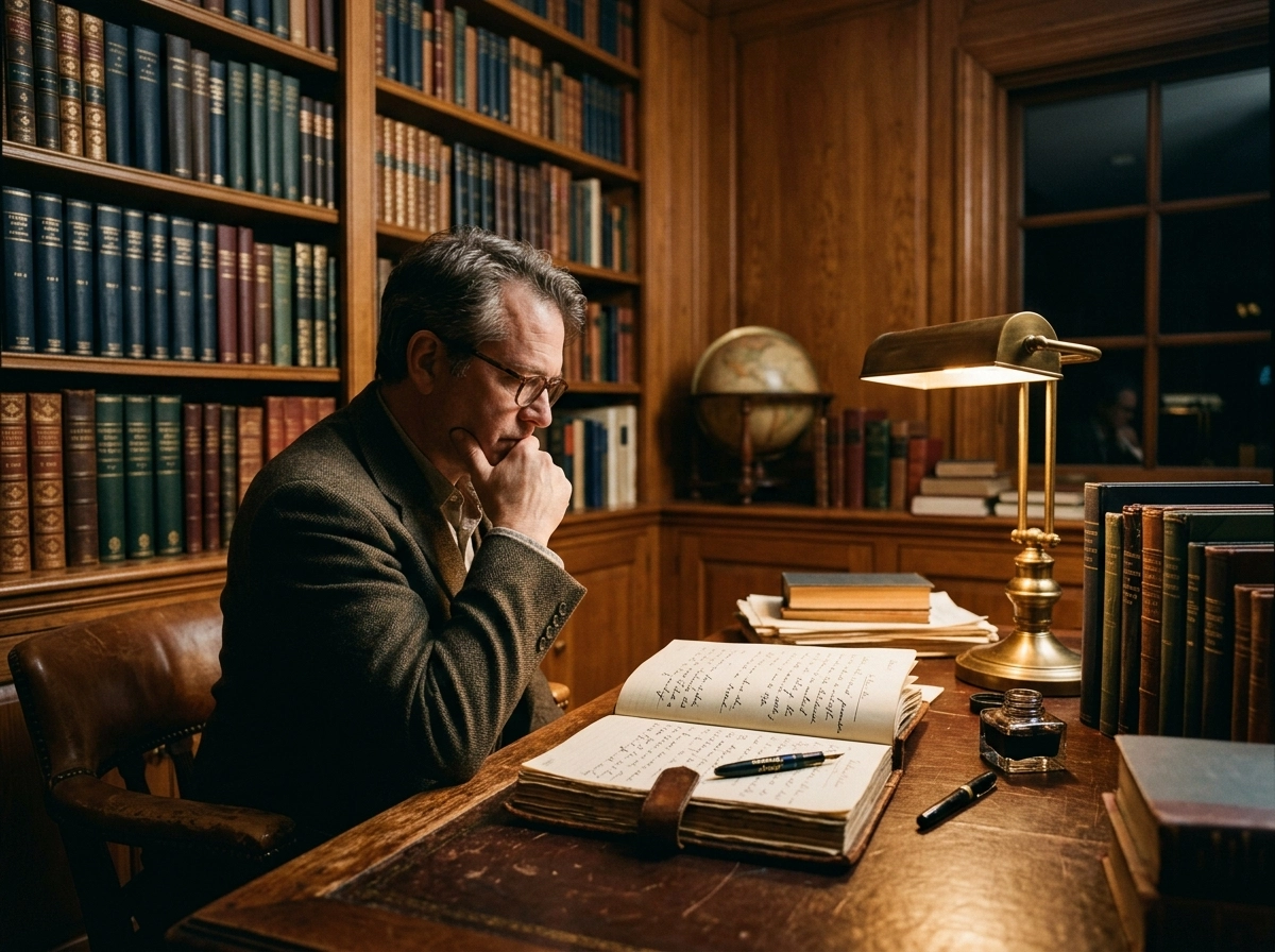 Human editor reviewing data from auto SEO tools in a classic library setting.