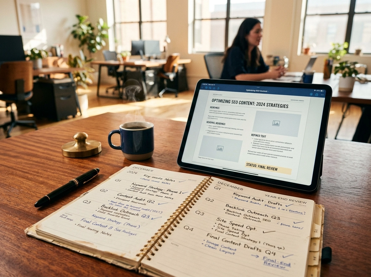 Tablet showing an SEO automation platform next to a planner for automated SEO testing strategies.
