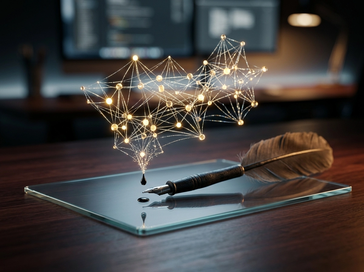 A fountain pen and glowing digital network, representing how to generate blog post AI content effectively.