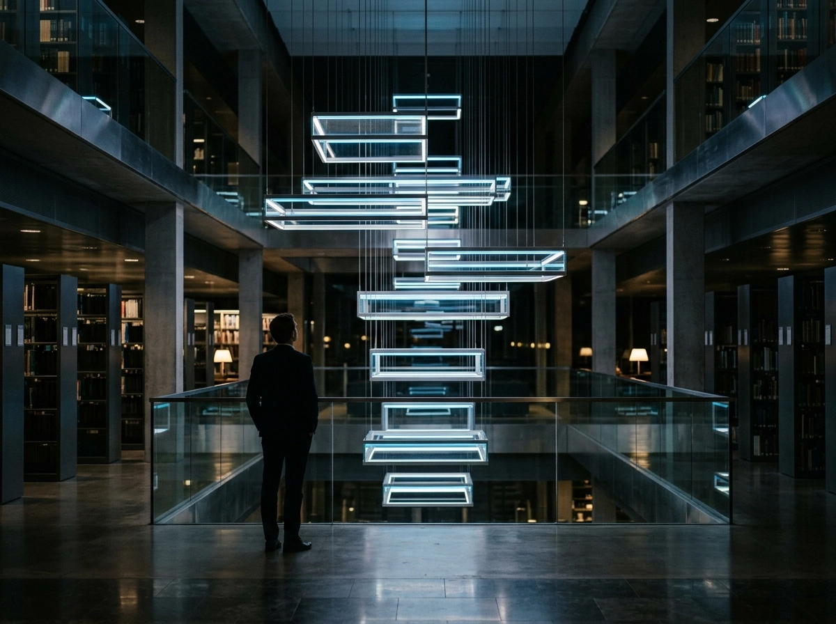 Man looking at modern light installation, representing ai that writes blog posts and semantic signals.