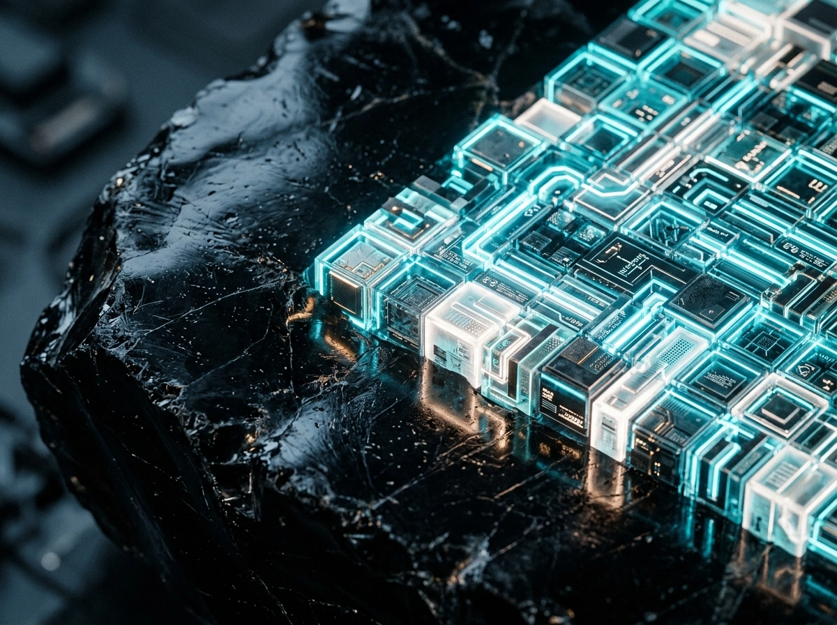 Glowing digital cubes on dark stone, representing advanced ai blog content and semantic signals.