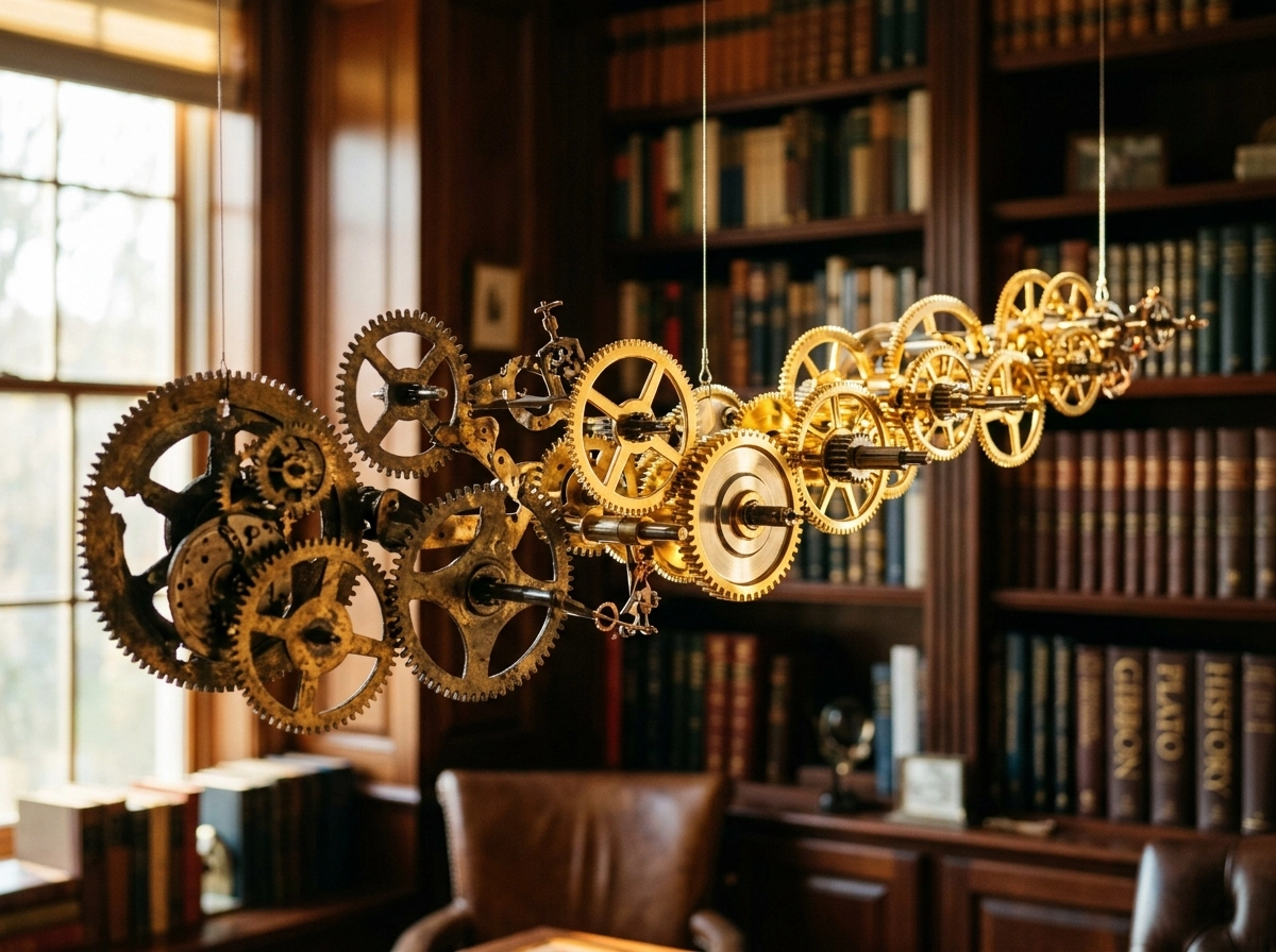 Intricate brass gears in a library, symbolizing the structure behind ai writing blog posts.