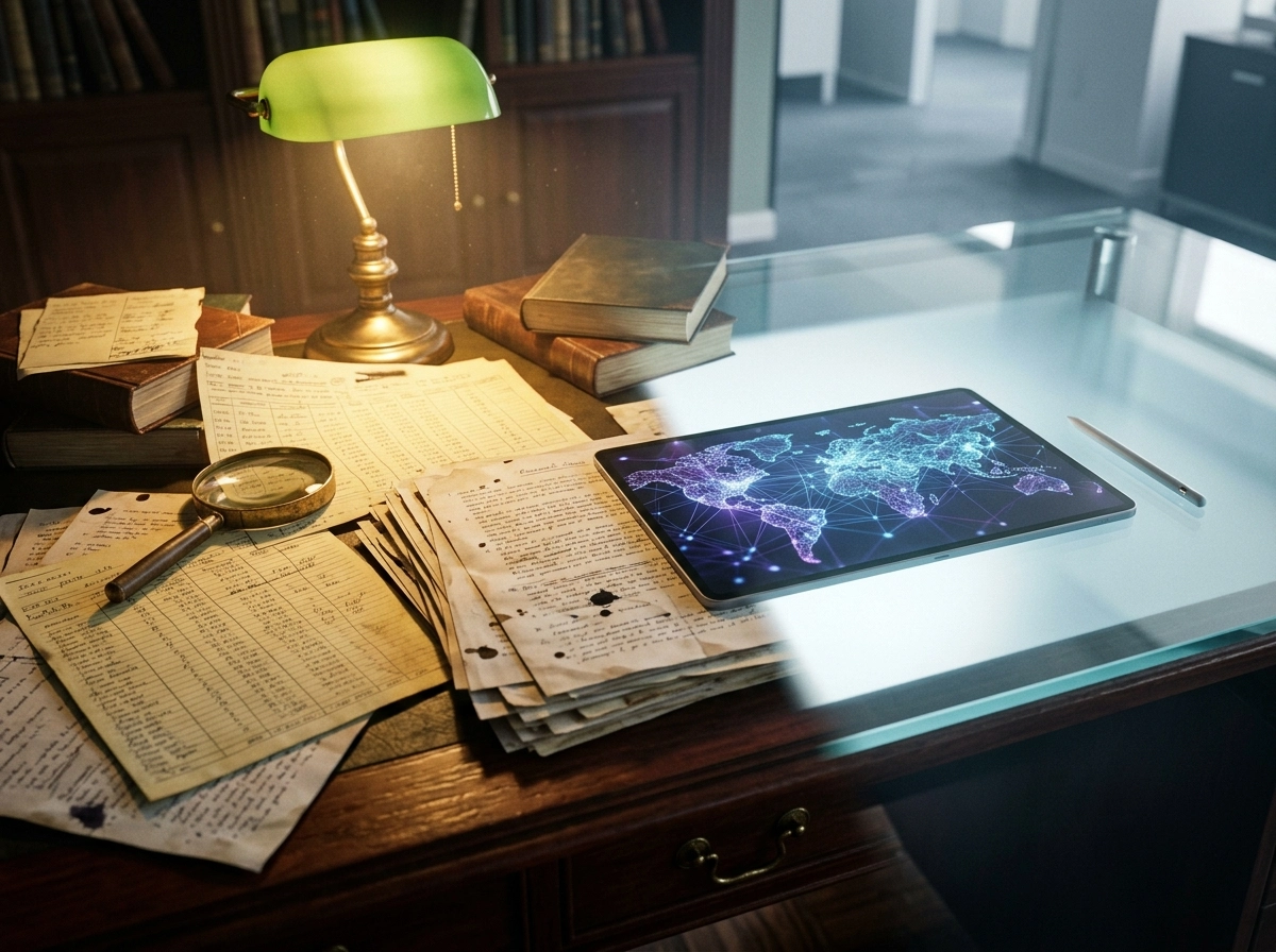 A tablet displaying a global network map, used by an seo ai writer for niche research.