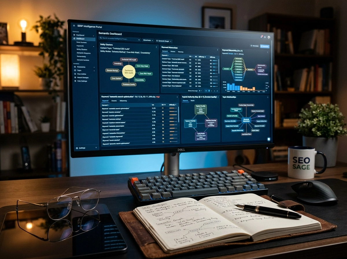 A monitor showing an seo content generator dashboard for ai seo writing and niche research.