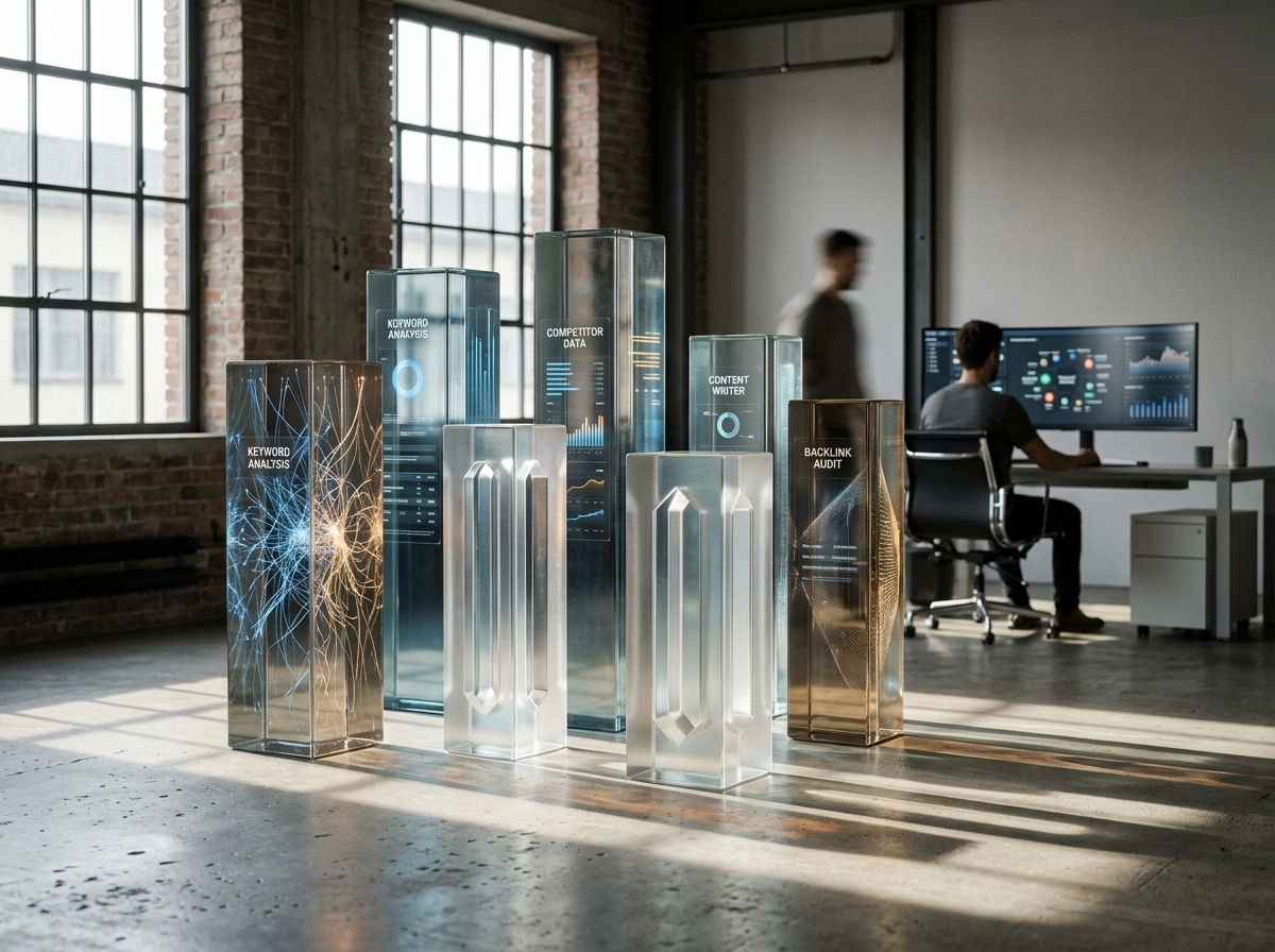 Office with glass pillars displaying data for an seo optimized ai content generator.