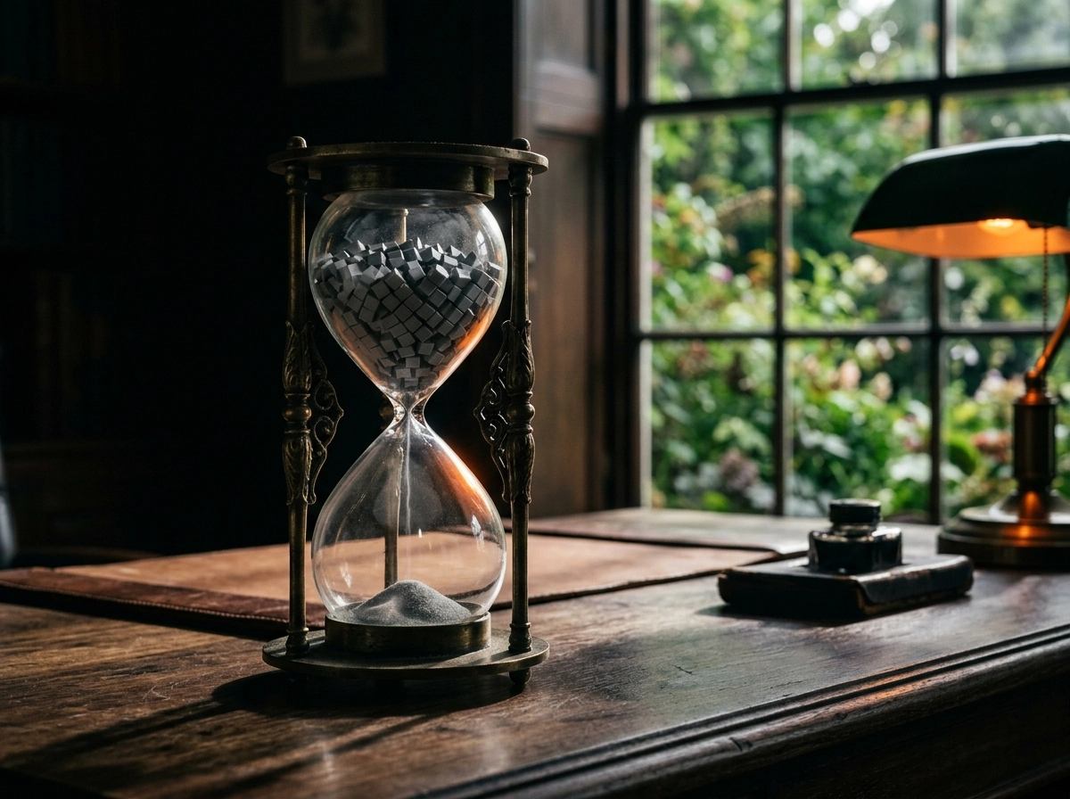 An hourglass on a desk, representing an efficient seo friendly content generator for niche research.