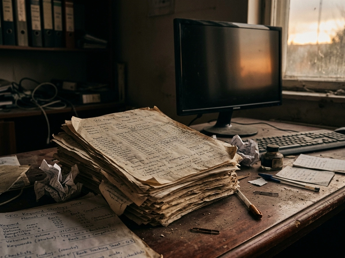 Outdated manual keyword lists on a desk, highlighting the need for an automated blog growth tool.