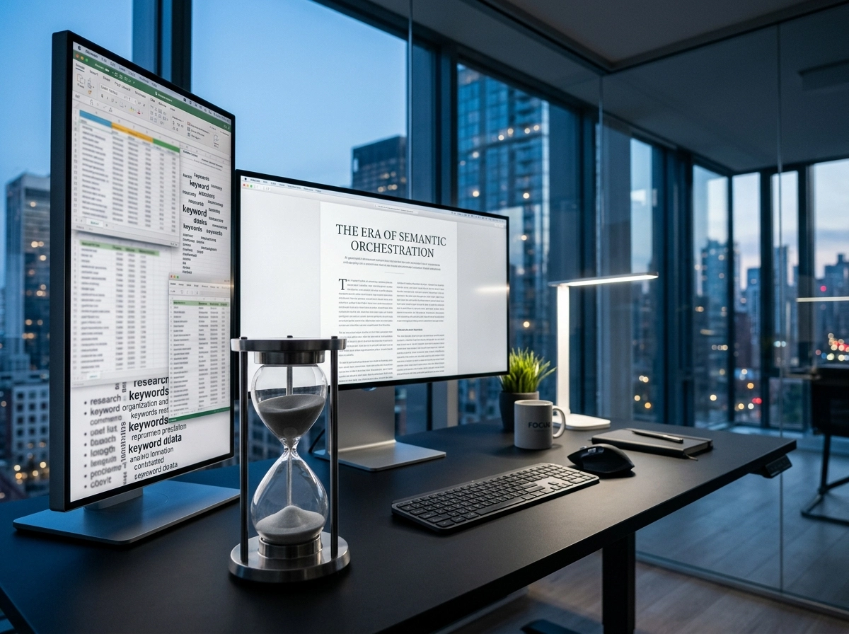 A smart content generator on a desk, aiding semantic search optimization for rank-ready blog posts.