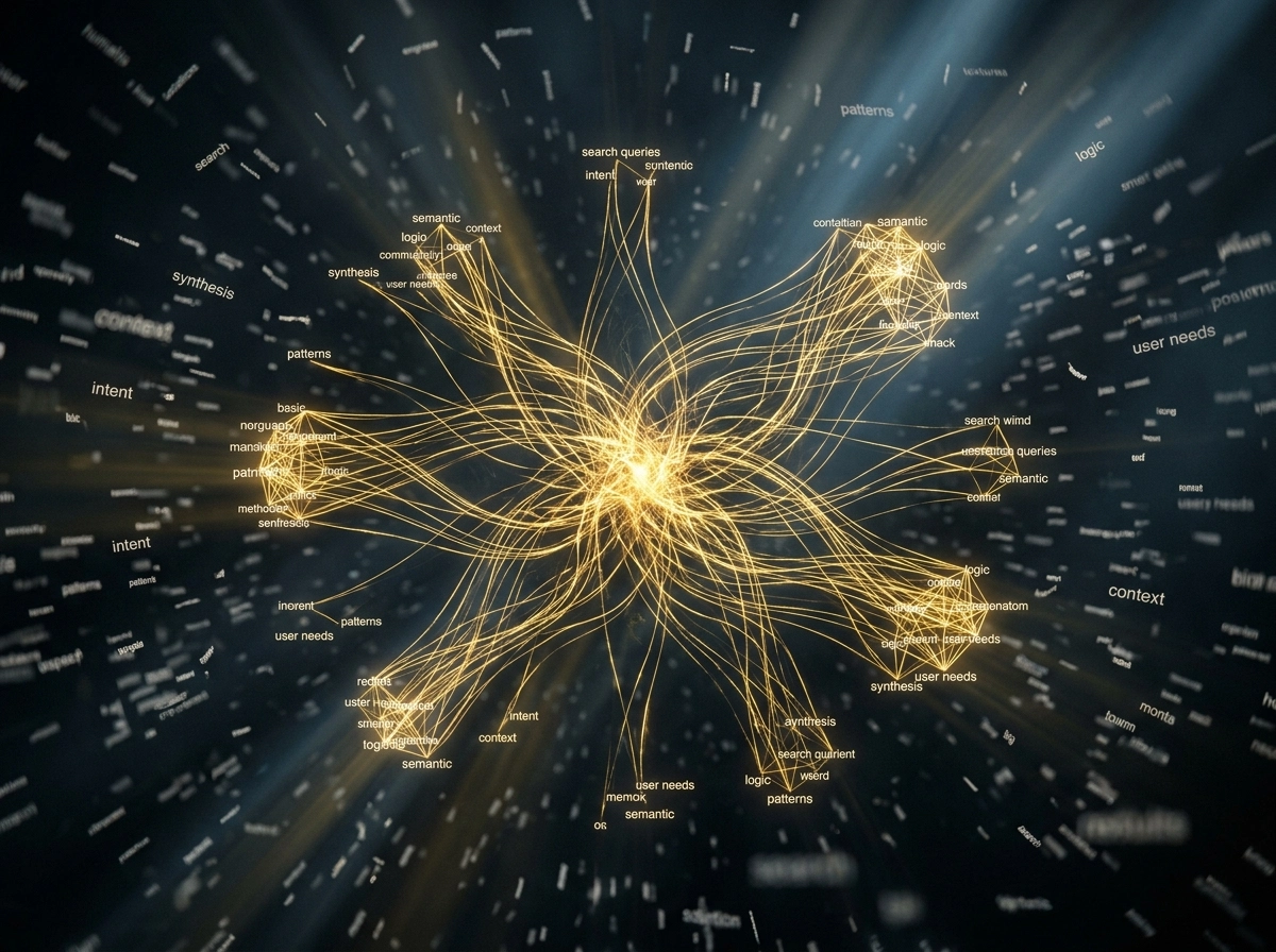 Abstract visualization of semantic search optimization using an AI writing assistant for content growth.