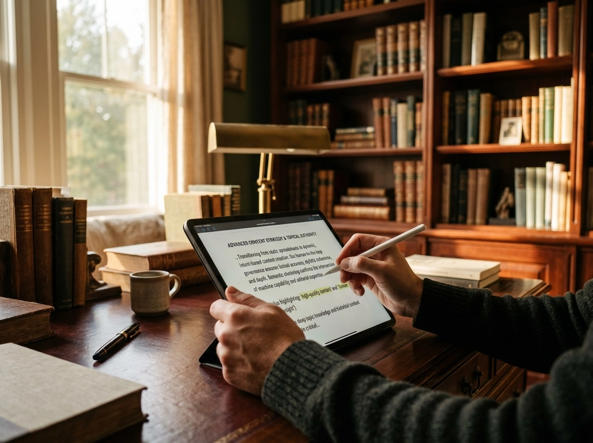 Person using an SEO AI writer on a tablet in a library for automated blog growth.