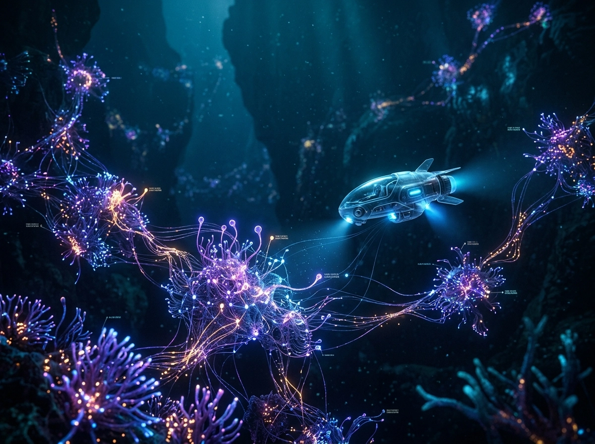 Futuristic submarine exploring a glowing network, representing semantic search optimization.