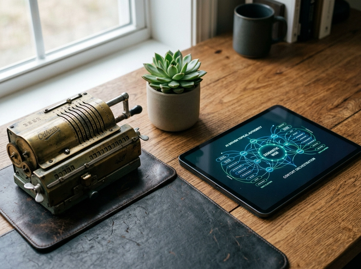 Tablet showing semantic search optimization next to an old calculator.