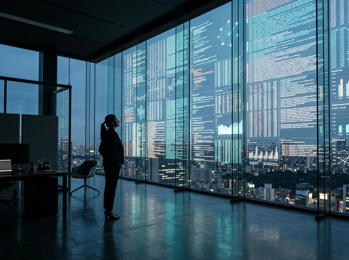 A professional analyzing data on a wall, representing AI SEO writing assistant content strategy.