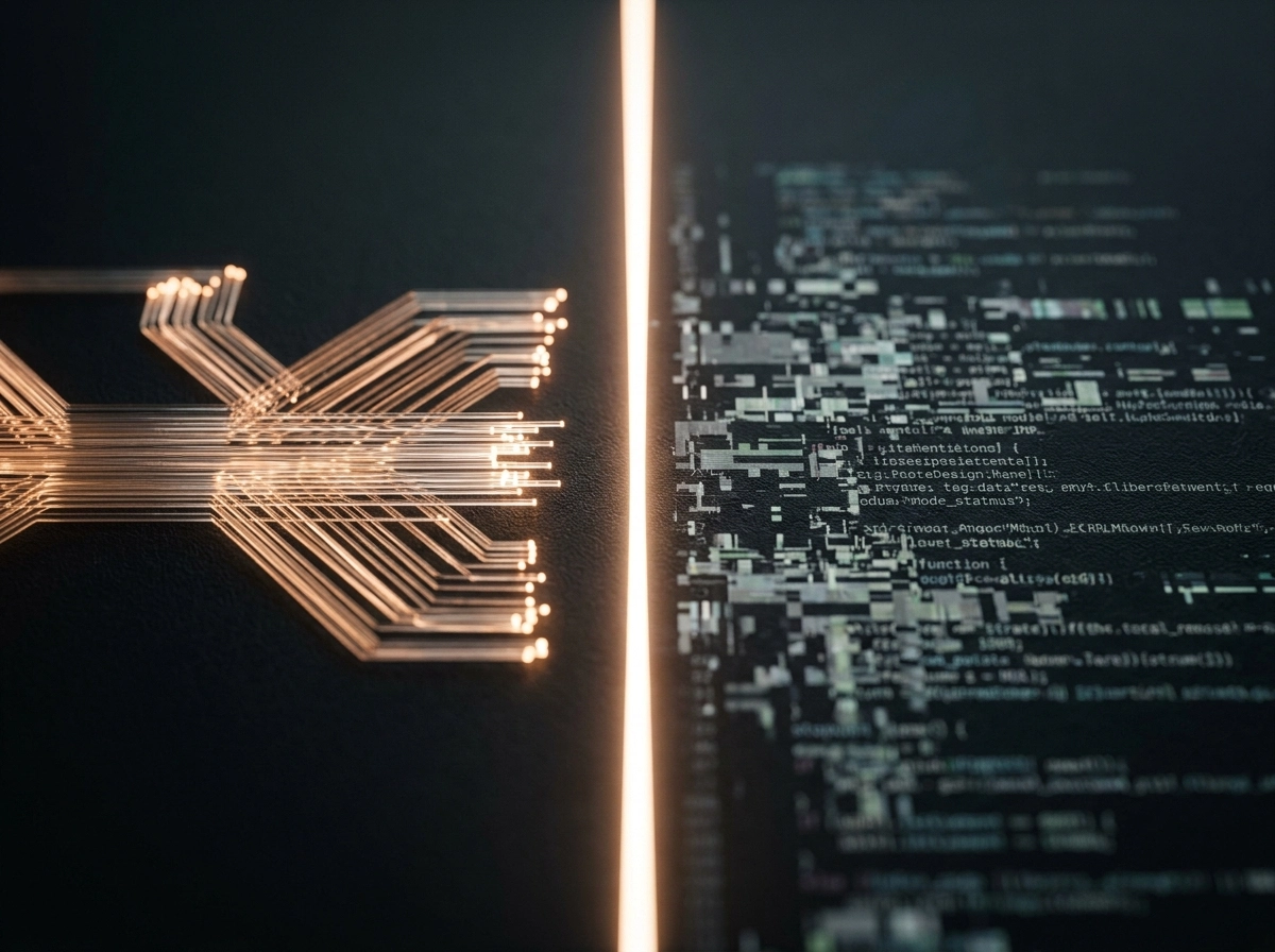 Glowing circuits meet distorted code, showing risks of an automated blog post creator.