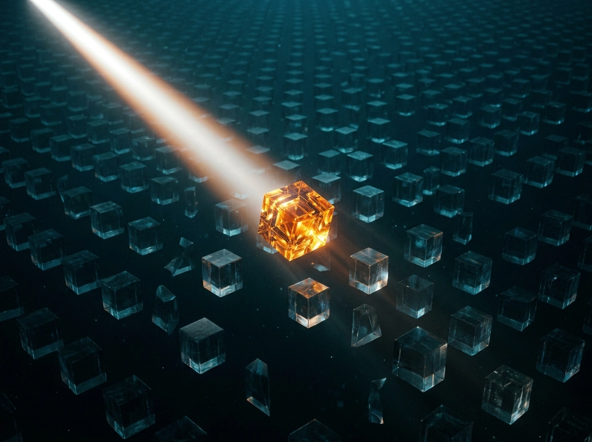 A glowing cube stands out among dark blocks, representing quality in AI content automation.