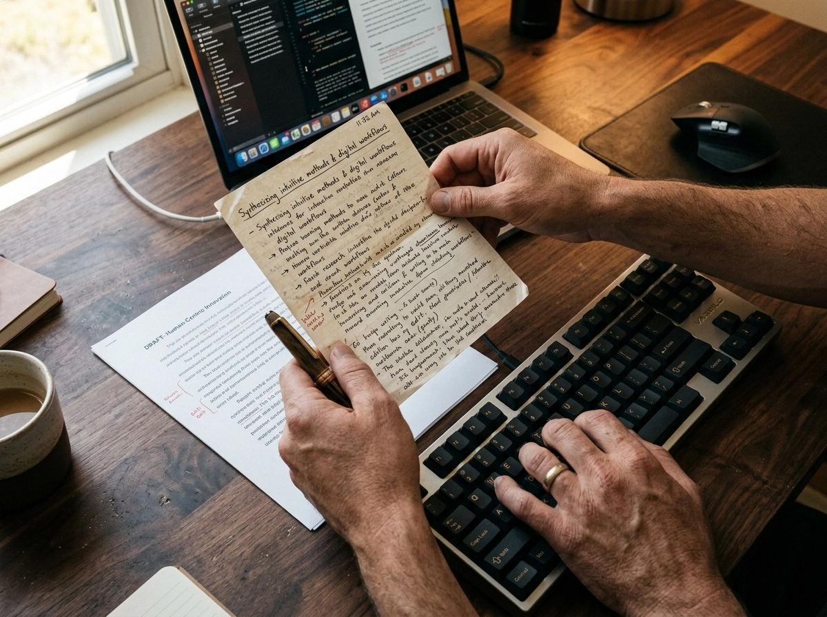 Person using an AI seo writing assistant to bridge manual notes and digital content automation.