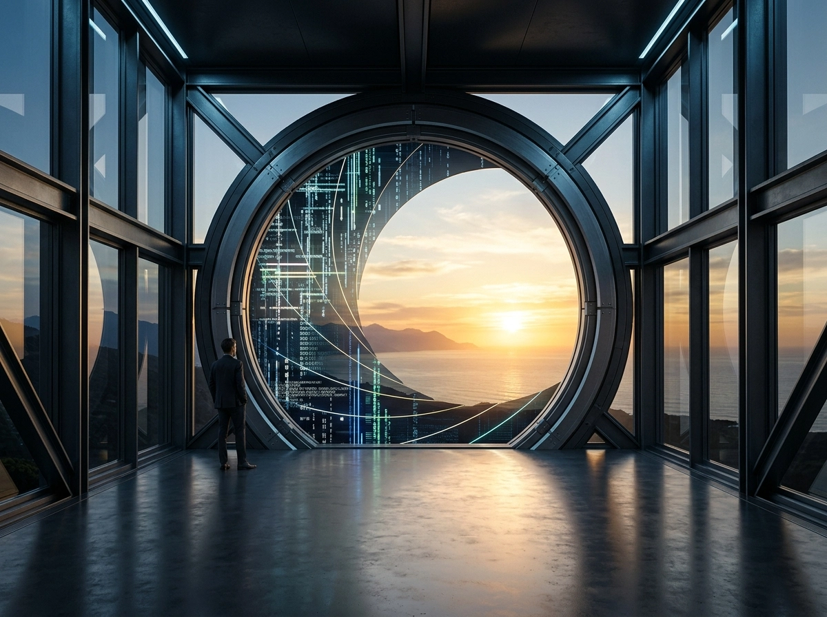 A person looking at a digital sunset through a portal, representing the future of AI article writer tools.