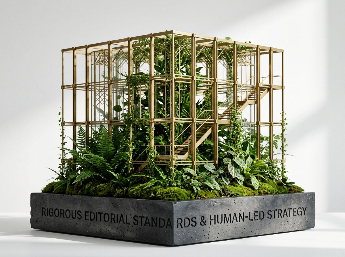 A glass greenhouse structure representing human-led strategy over AI content automation risks.