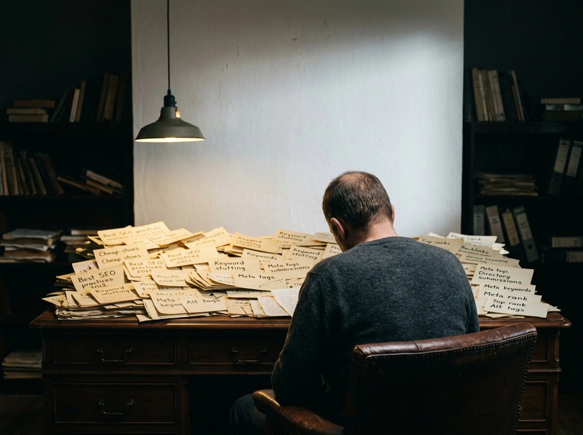 Man overwhelmed by outdated keyword notes, highlighting the need for a modern seo writer ai.