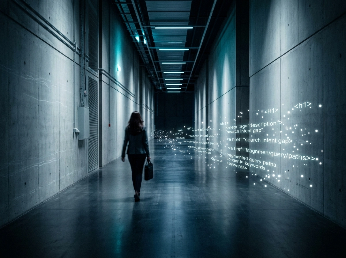 Person walking through a hallway with floating code representing search intent optimization and AI SEO.