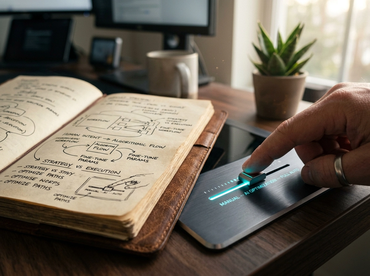 Hand adjusting a slider for AI copywriting workflows to improve search intent optimization.