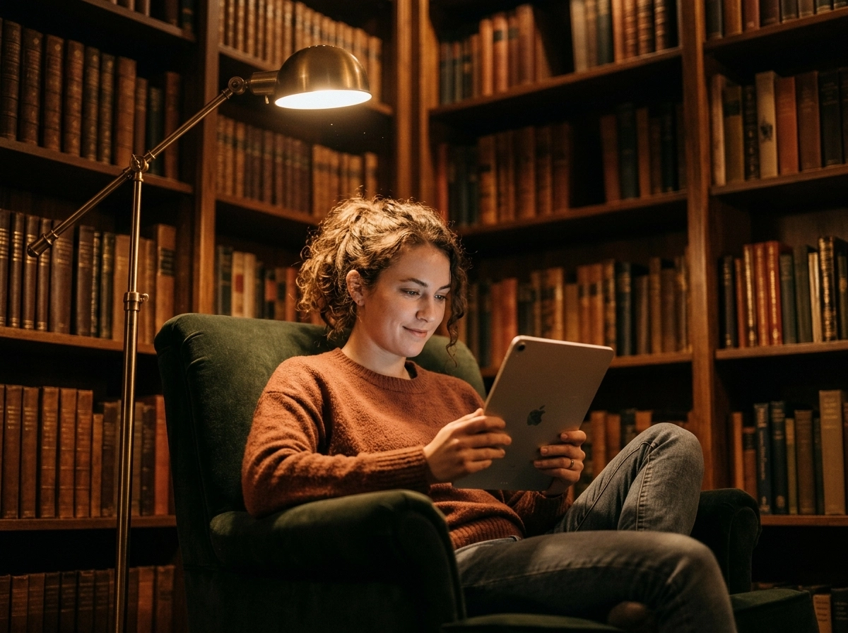 A woman using a tablet in a library, utilizing an seo friendly article generator for research.