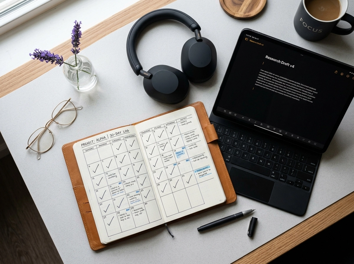 A 30-day blogging case study log next to an ai writing tool on a tablet.