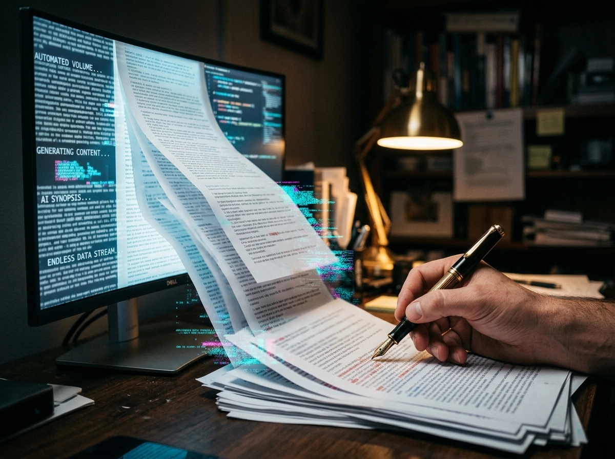 Hand editing AI content generator output with a pen, analyzing automated blog content quality.