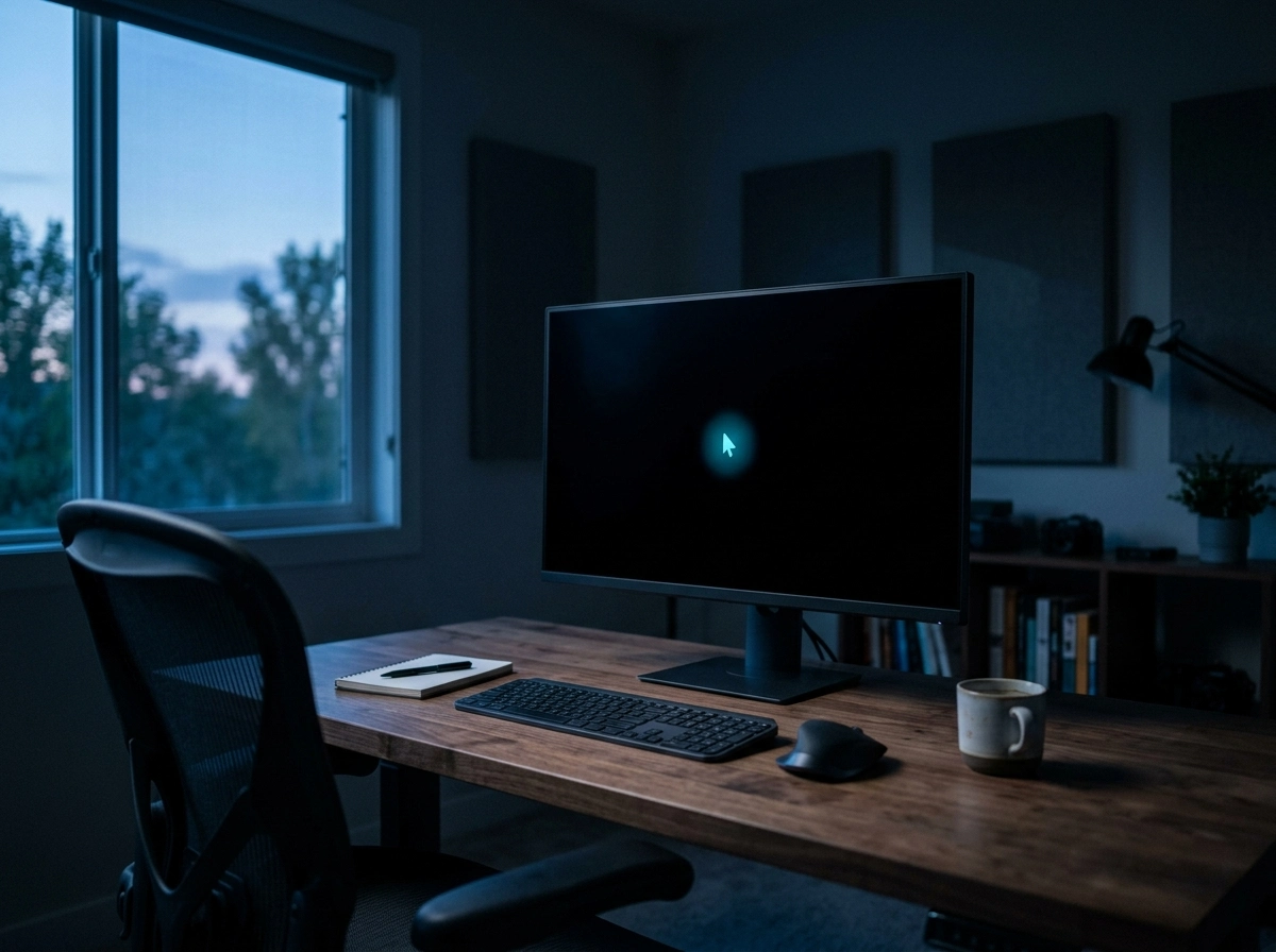 A dark home office setup with a computer screen, representing the start of an AI writing productivity task.