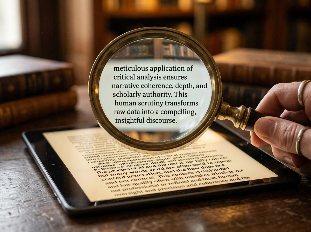 Magnifying glass over AI content, highlighting the need for human quality analysis in blogging.
