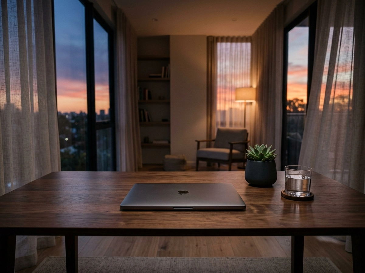 Laptop on desk for ai writing productivity in a cozy home office.