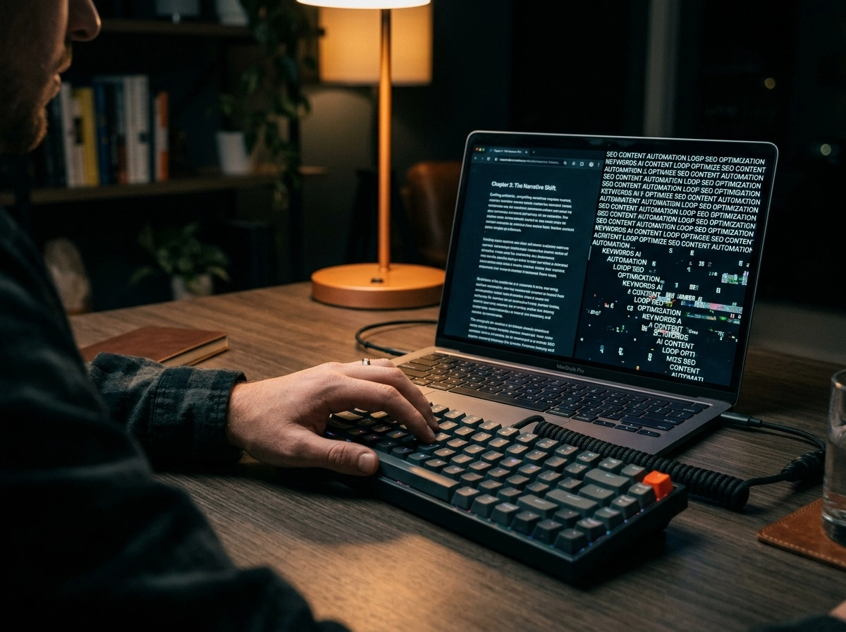 Person using an ai writing assistant, risking seo content quality and over-optimization penalties.