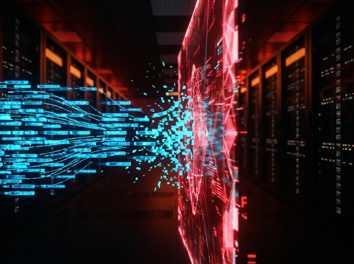 Digital data streams hitting a red wall, representing automated seo tool risks and potential penalties.