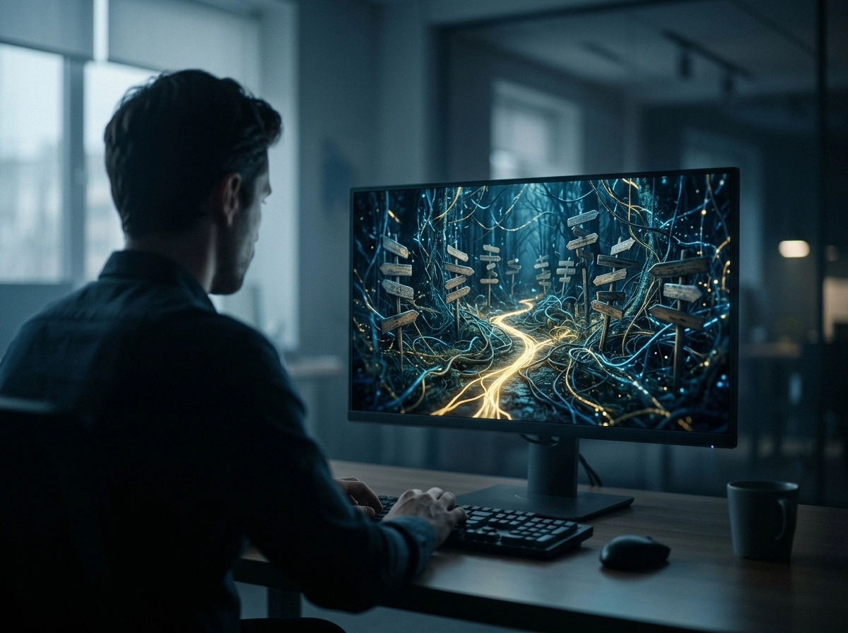 A person at a computer viewing a complex path, illustrating keyword cannibalization and seo strategy.