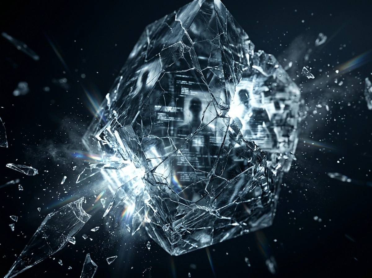 A shattered crystal cube representing the risks of automated seo tool patterns and penalties.