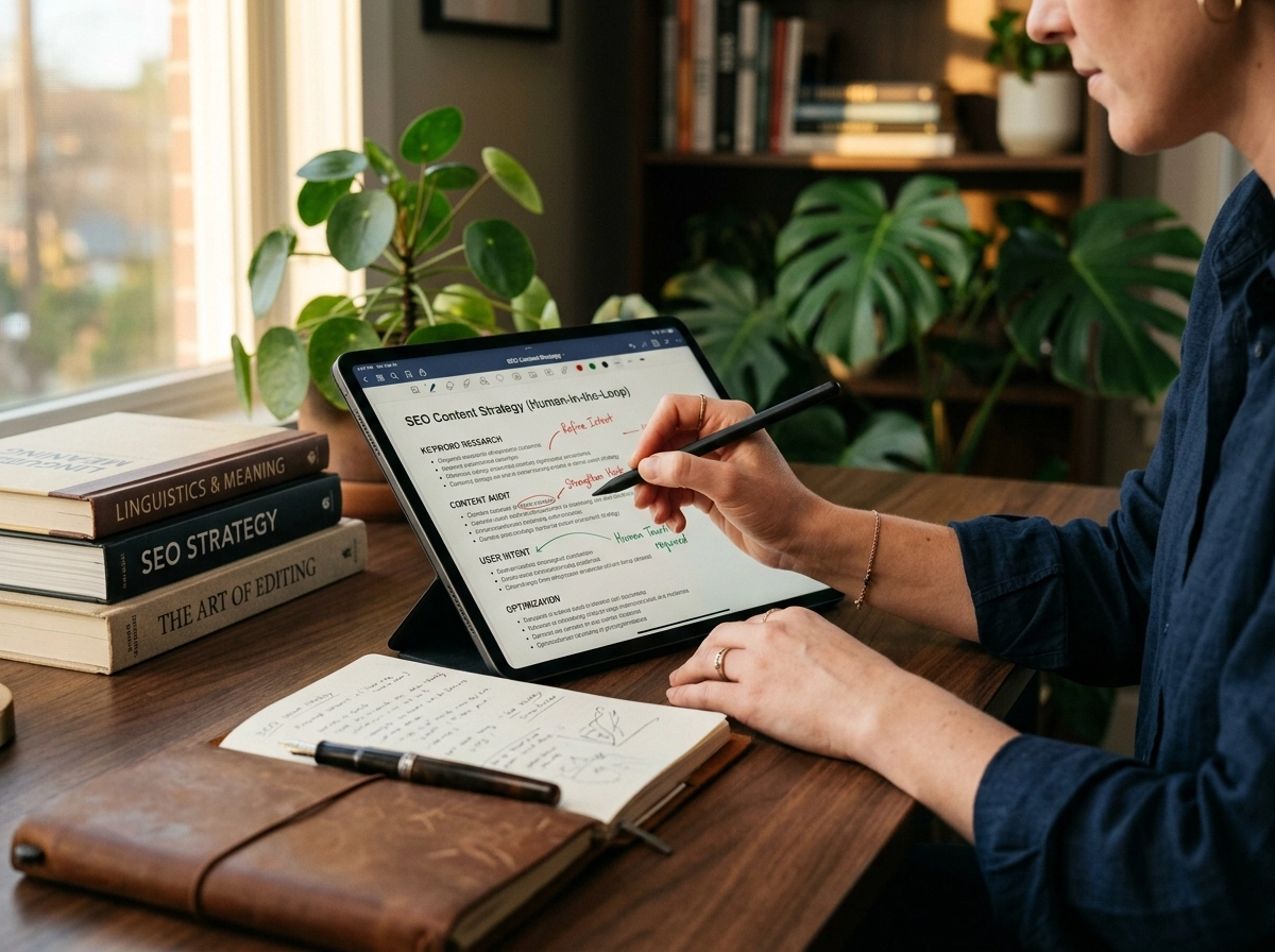 A person reviewing seo content quality on a tablet to avoid over-optimization penalties.