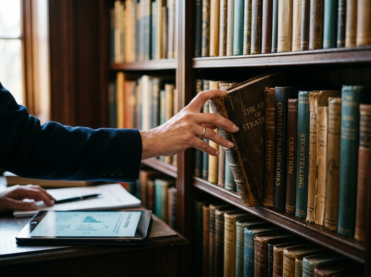 Hand picking a book in a library, representing manual research over automated seo tool risks.