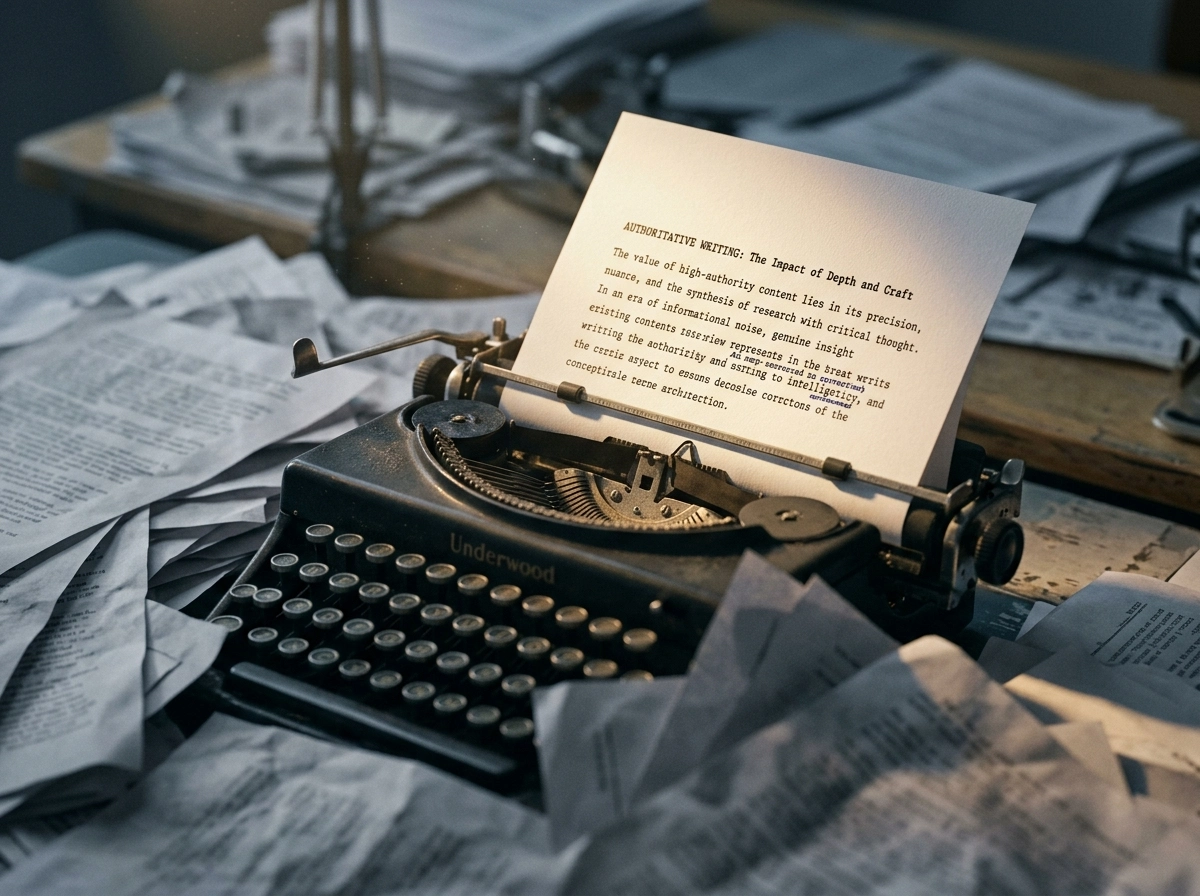 An old typewriter surrounded by papers, contrasting with modern niche blog tools and content creation workflows.