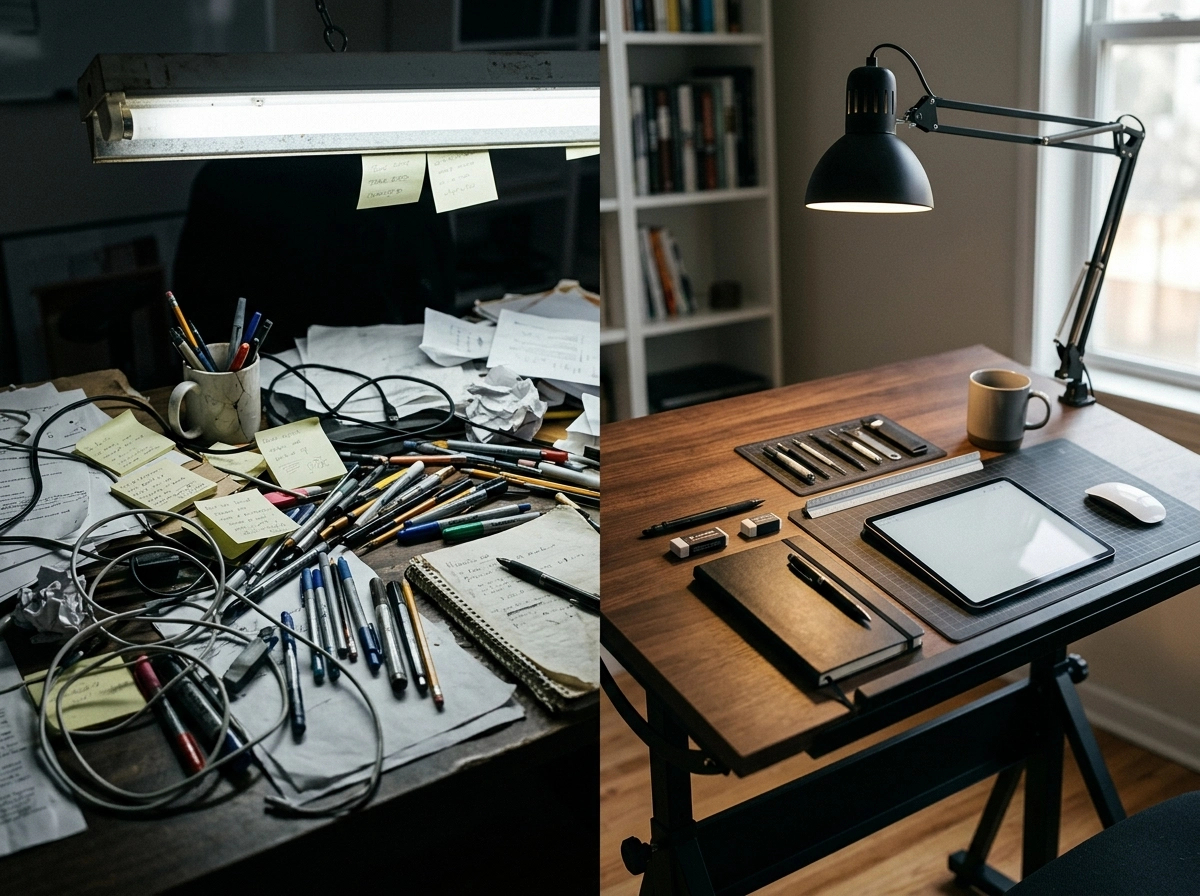 Comparing messy manual writing to an organized content creation workflow with niche blog tools.
